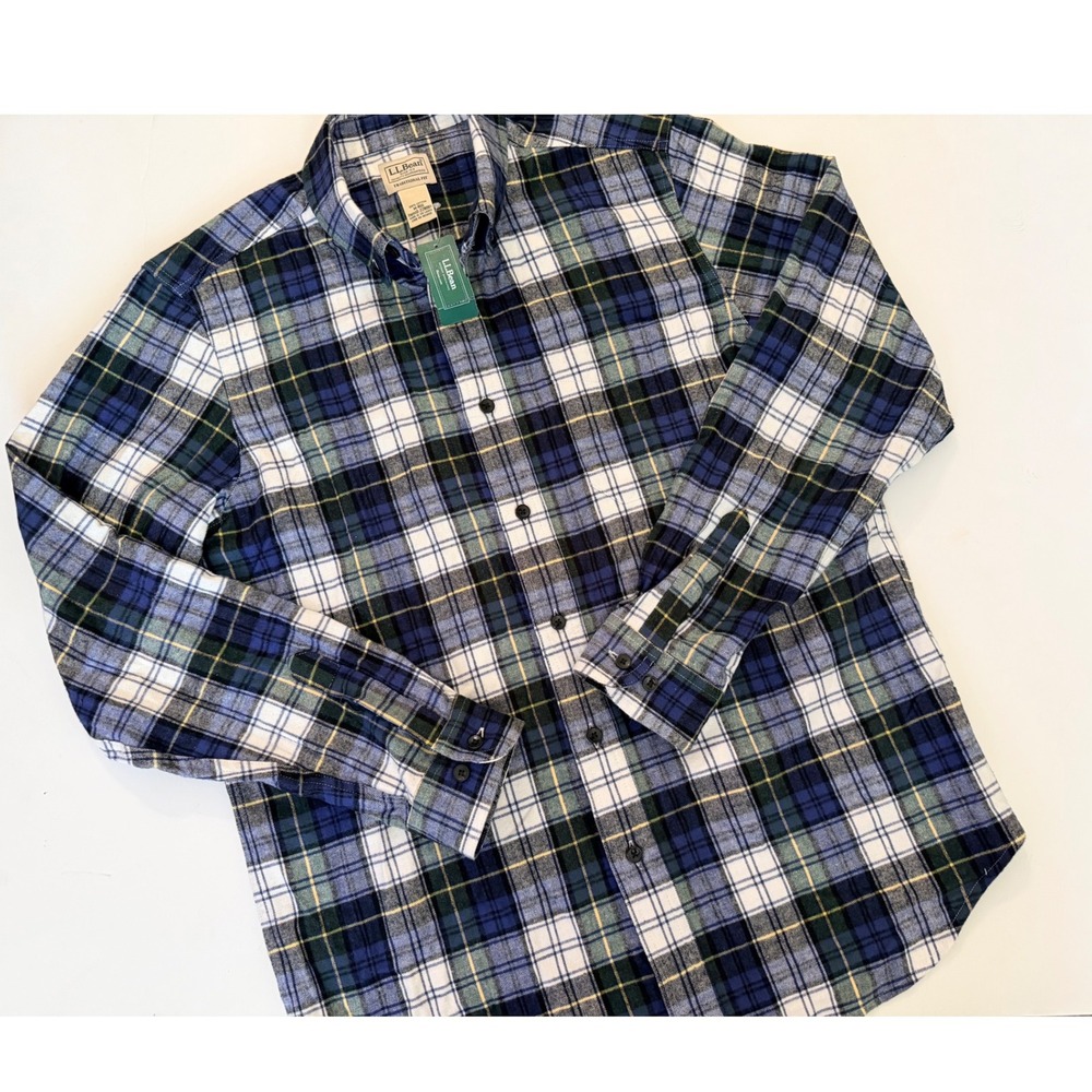 LL Bean Mens Flannel Shirt Medium Traditional Fit Blue Green Plaid NWT 228061